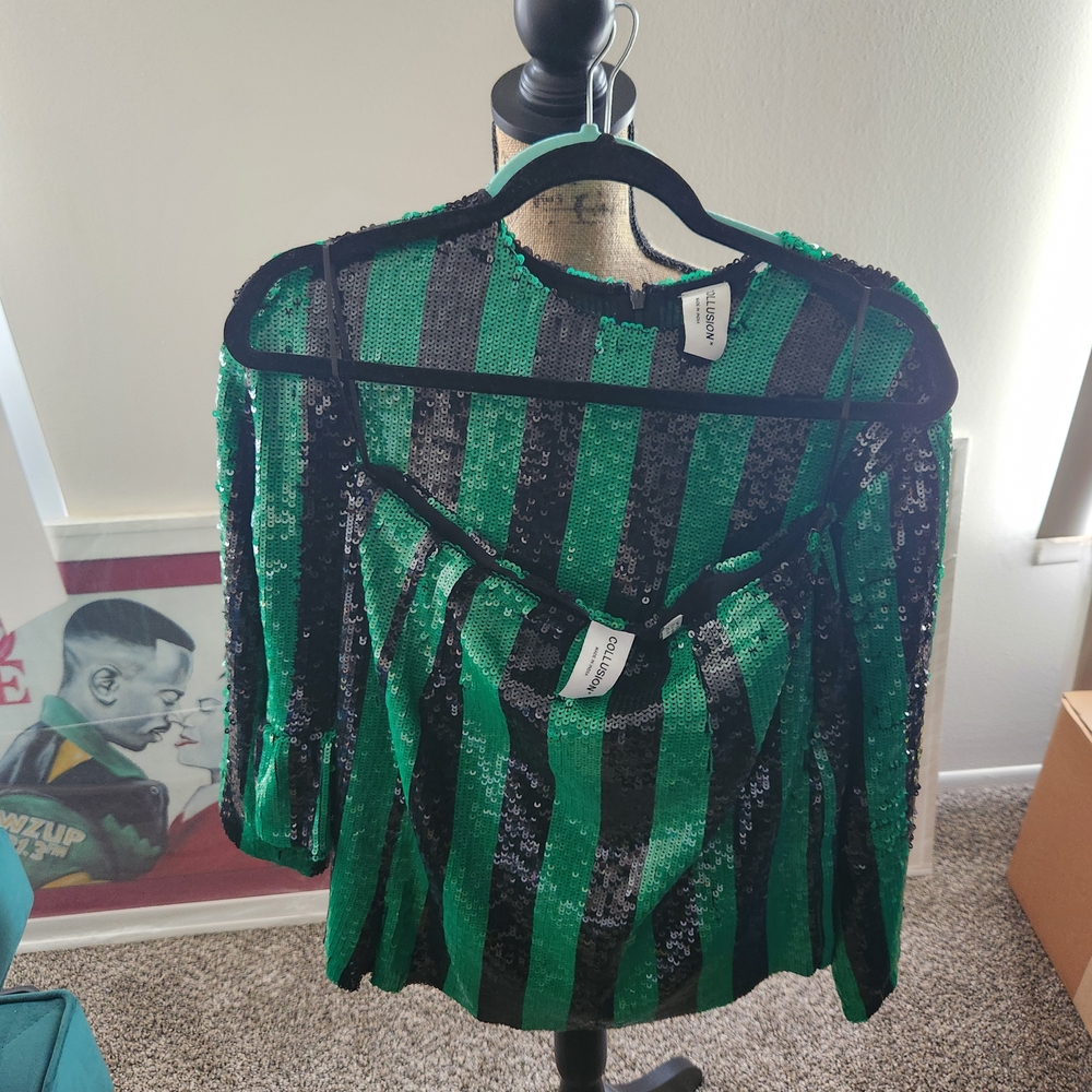 Asos... Emerald and Black Sequin Striped Top - Picture 1 of 7
